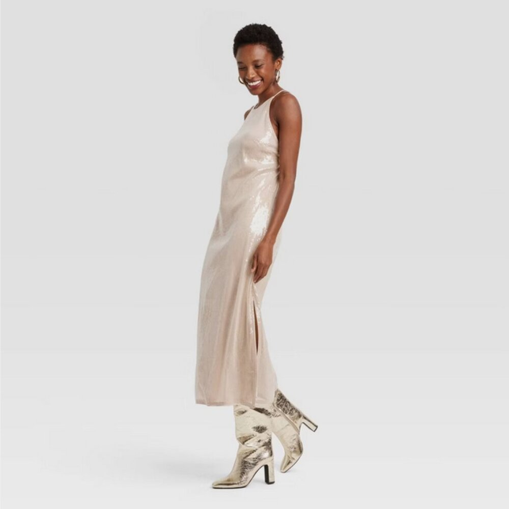 A New Day Women's Sequin Midi A-Line Dress Halter Neckline Side Slit Tan XS